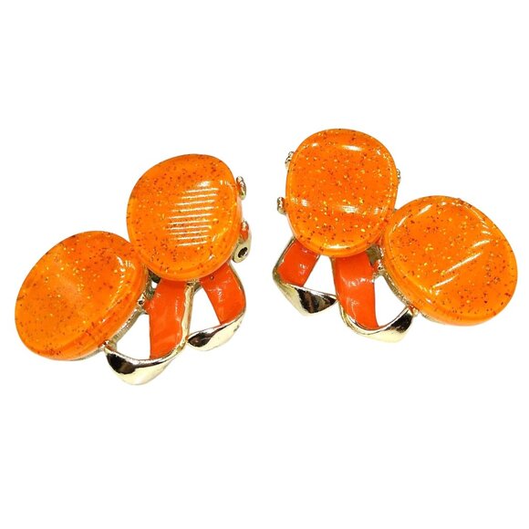 Mod Orange Glitter Lucite Earrings, Unique Sparkle Vintage Clip Ons - Picture 2 of 3